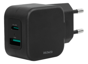 Svart laddare från Deltaco USB-a & USB-C