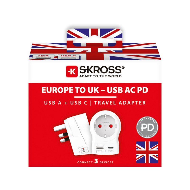 Förpackning för Skross adapter typ G med dubbla usb-uttag.