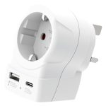 Adapter med USB-A och USB-C av brittisk standard.