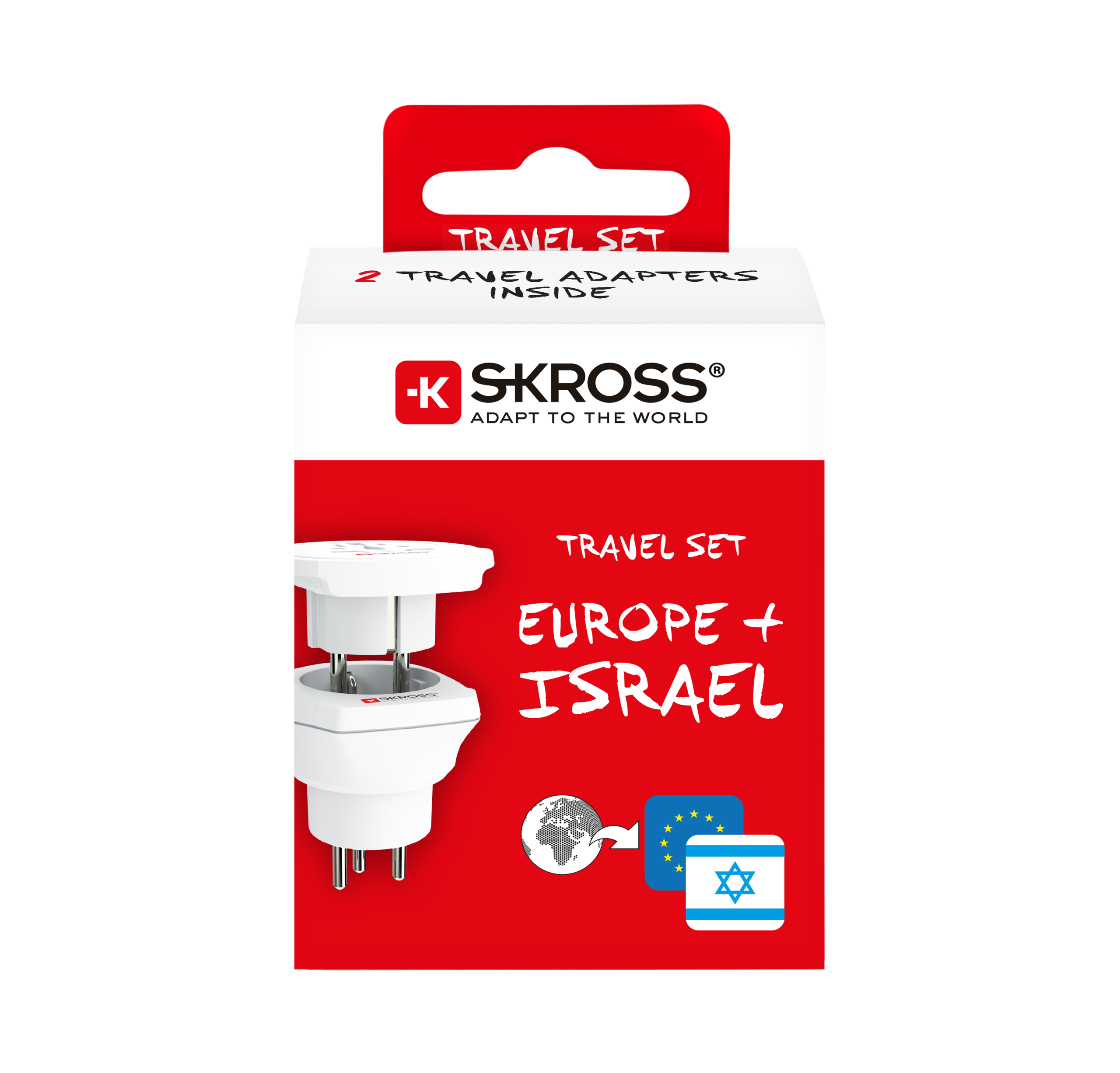 Förpackning på reseadapter till Israel från Skross.