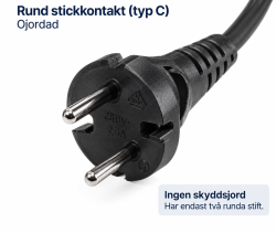 Rund stickkontakt utan skyddsjord.